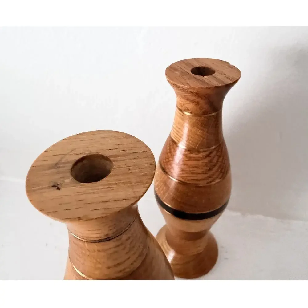 Turned Wood Brass Inlaid Vase Pair Segmented Bud Vases Signed Set 2